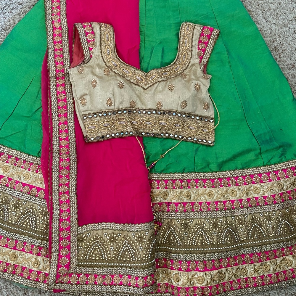 Green and Pink Lehenga with Gold Accents Perfect for wedding and events